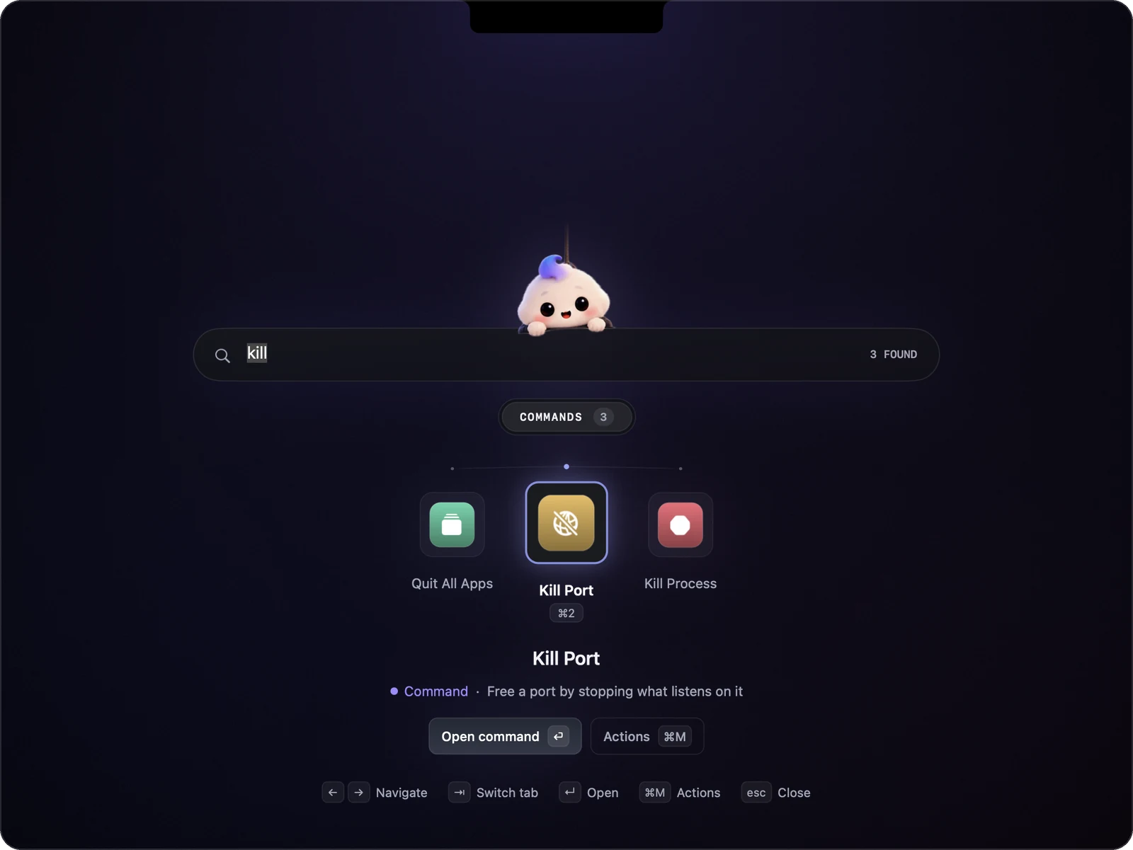 Commands: Quit All Apps, Kill Port, Kill Process