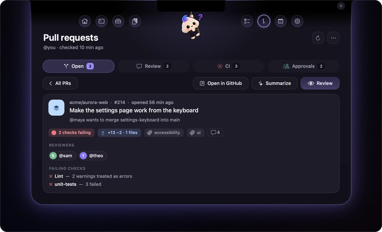 A pull request's page: checks failing, reviewers, Review button