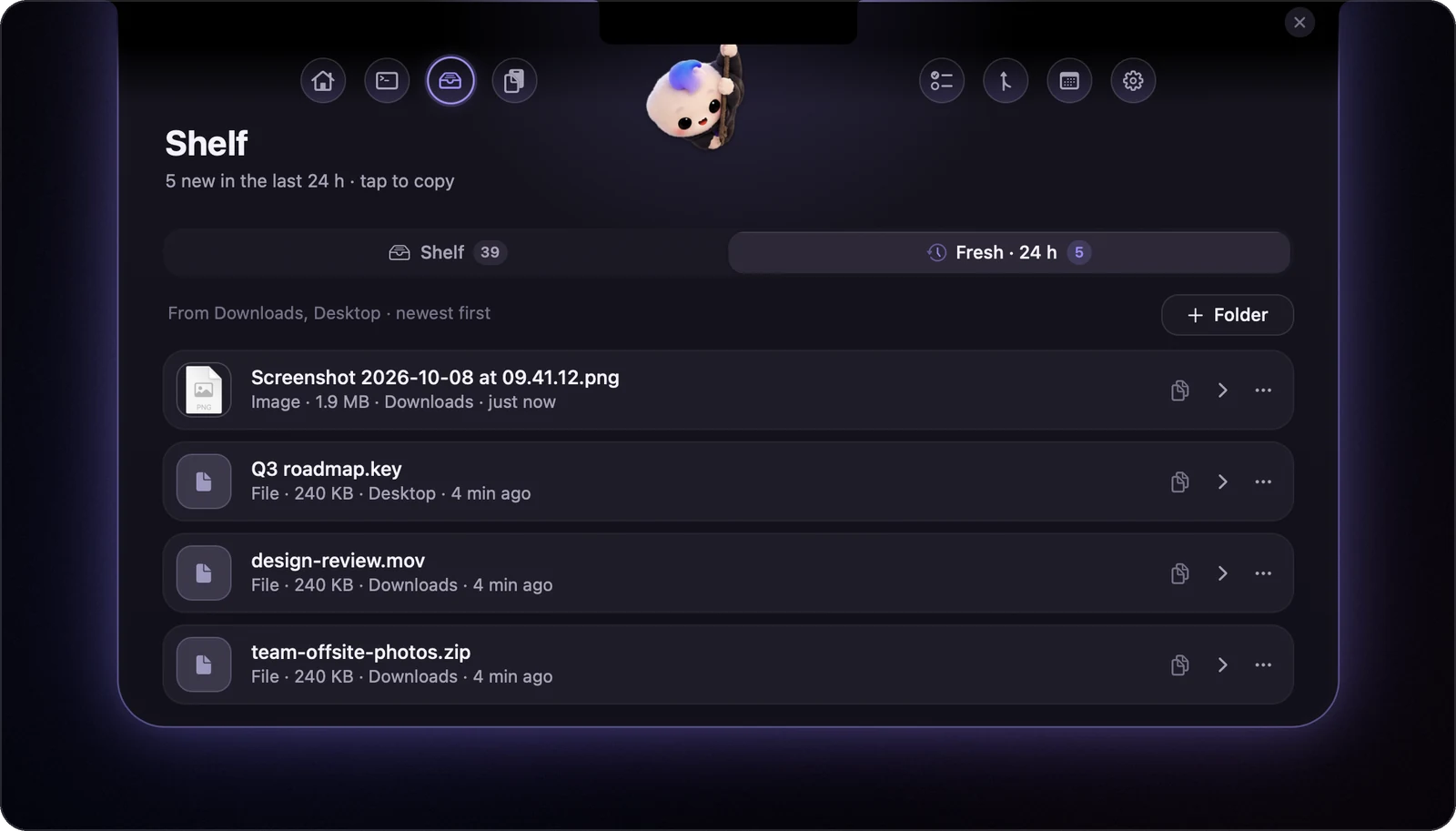 The Shelf's Fresh tab: new files from Downloads and Desktop, newest first