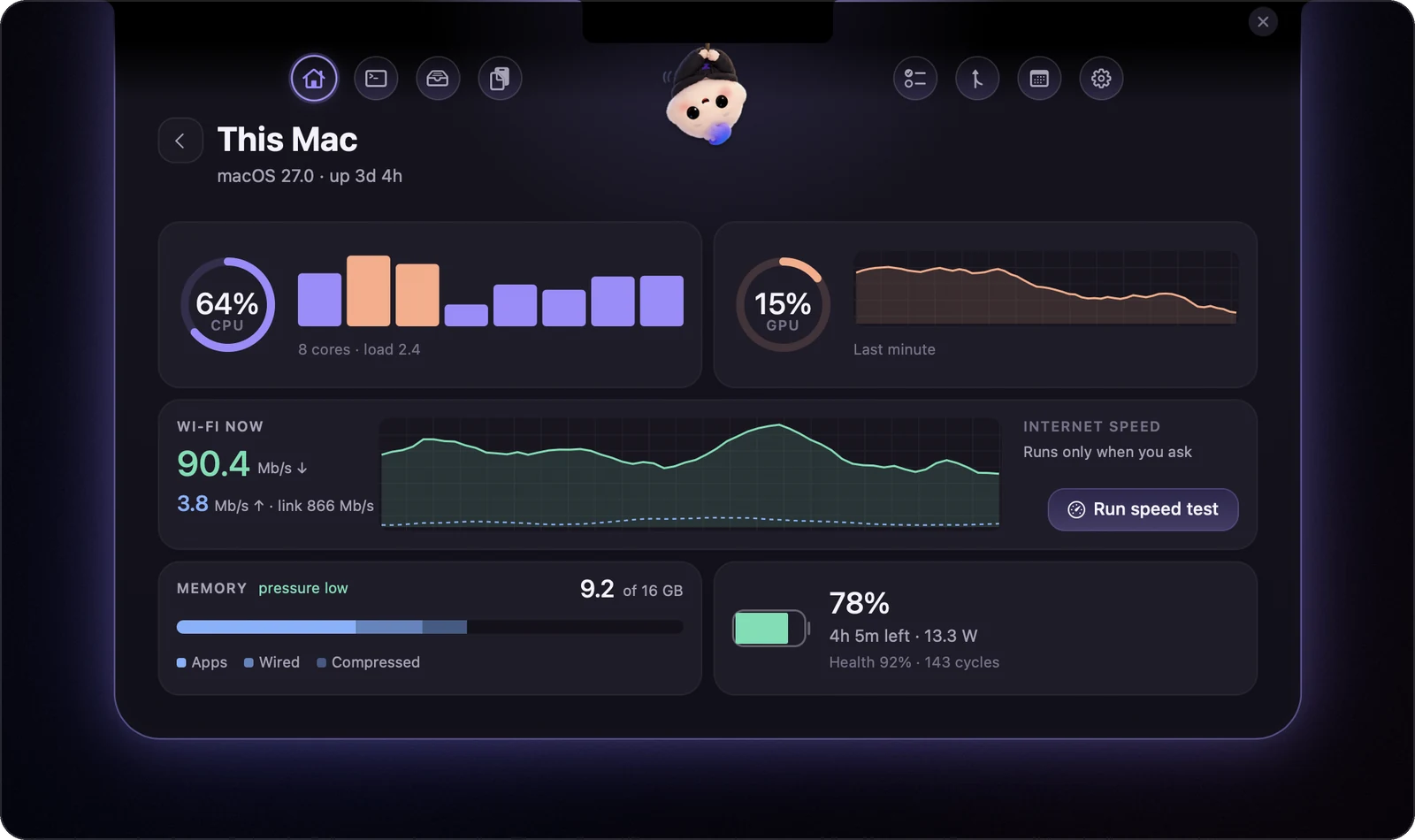 This Mac: CPU and GPU rings, per-core bars, Wi-Fi graph with a speed test, memory by kind and battery health
